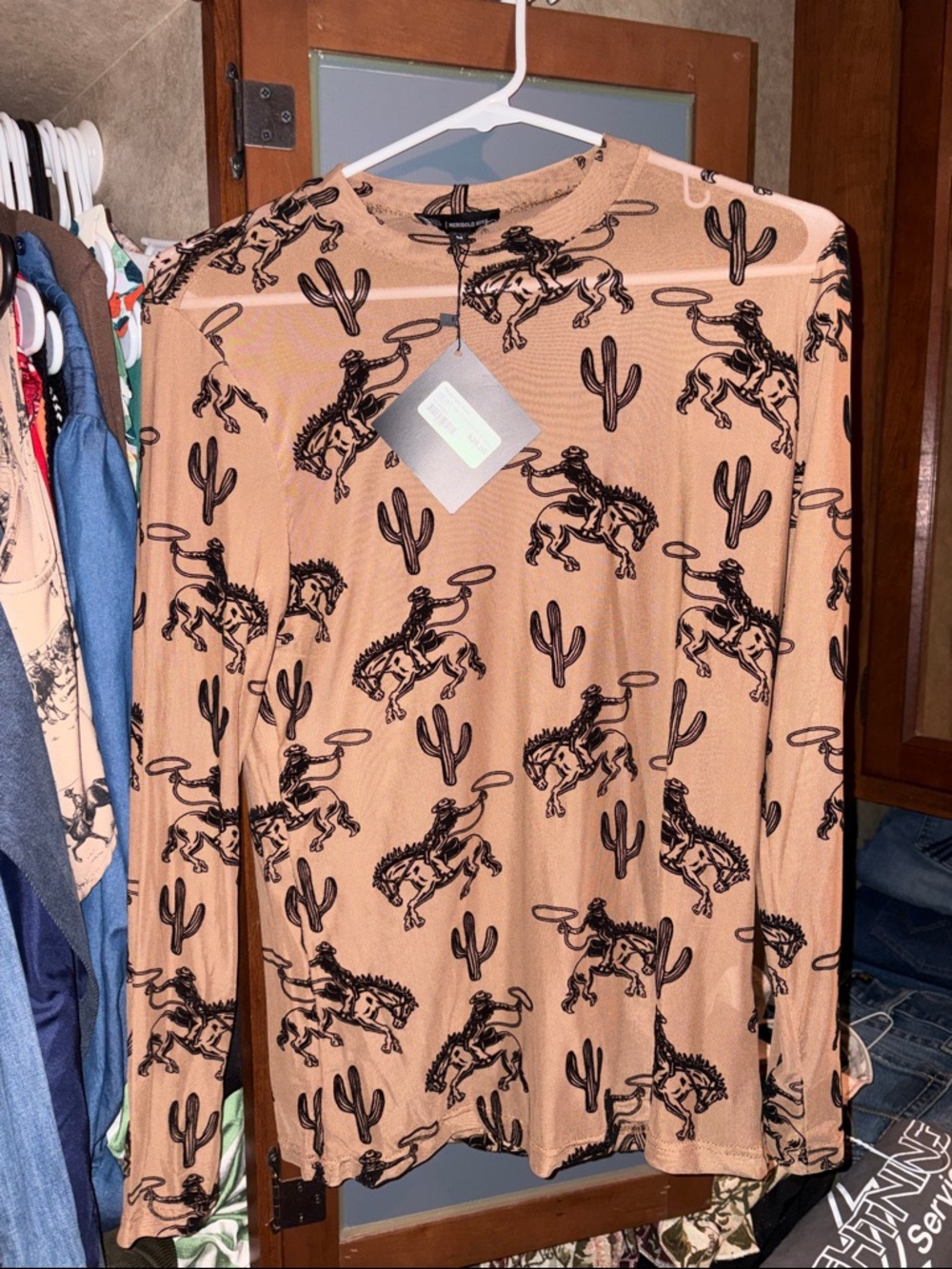 Women's Long Sleeve Desert Print Tee - Tan with Black Cowboy Motif
